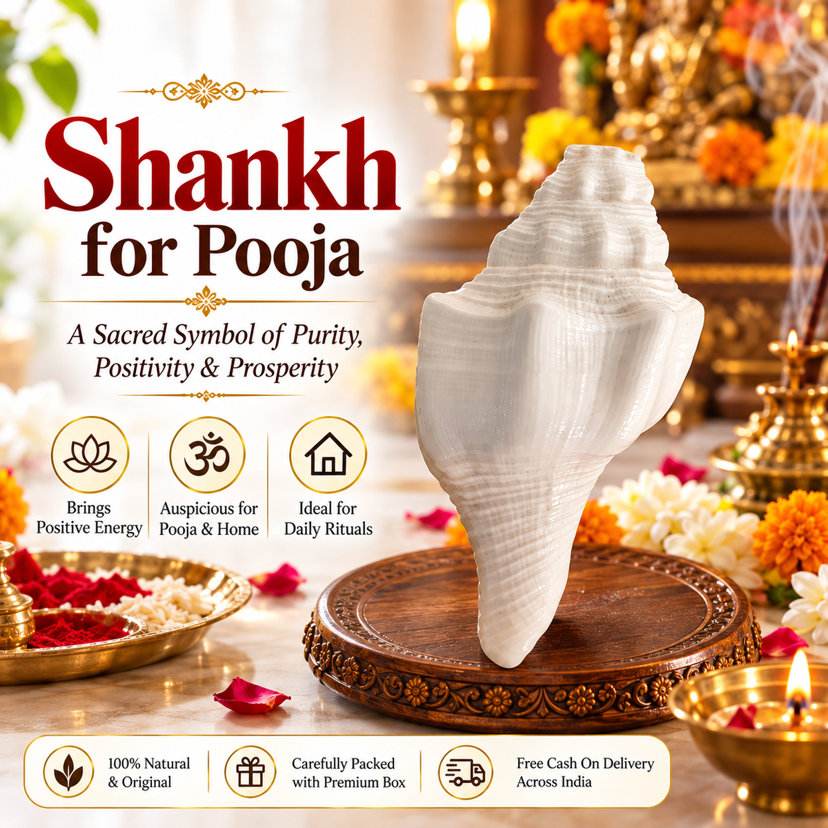 Shankh for Pooja | Sacred Hindu Conch Shell for Puja, Mandir & Religious Rituals