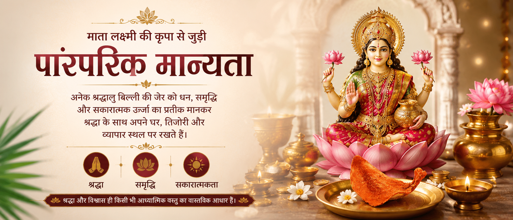 A decorative religious graphic featuring a seated Hindu goddess on a pink lotus with gold ornaments and lamps, alongside Hindi text and small icons on a warm beige background.