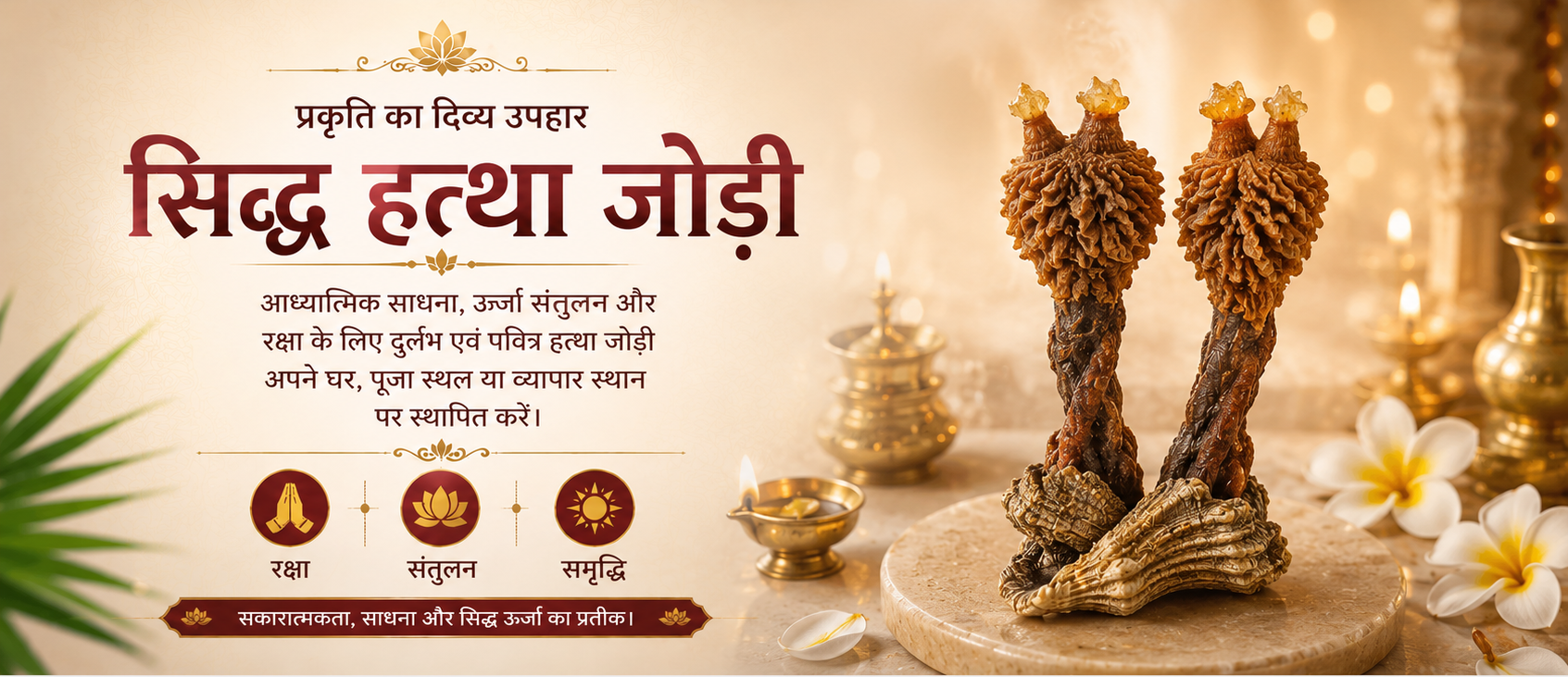 A decorative promotional graphic for a spiritual product featuring two carved wooden yantra-like sculptures on a stone base, with Hindi text on the left, candles, flowers, and warm golden lighting in the background.